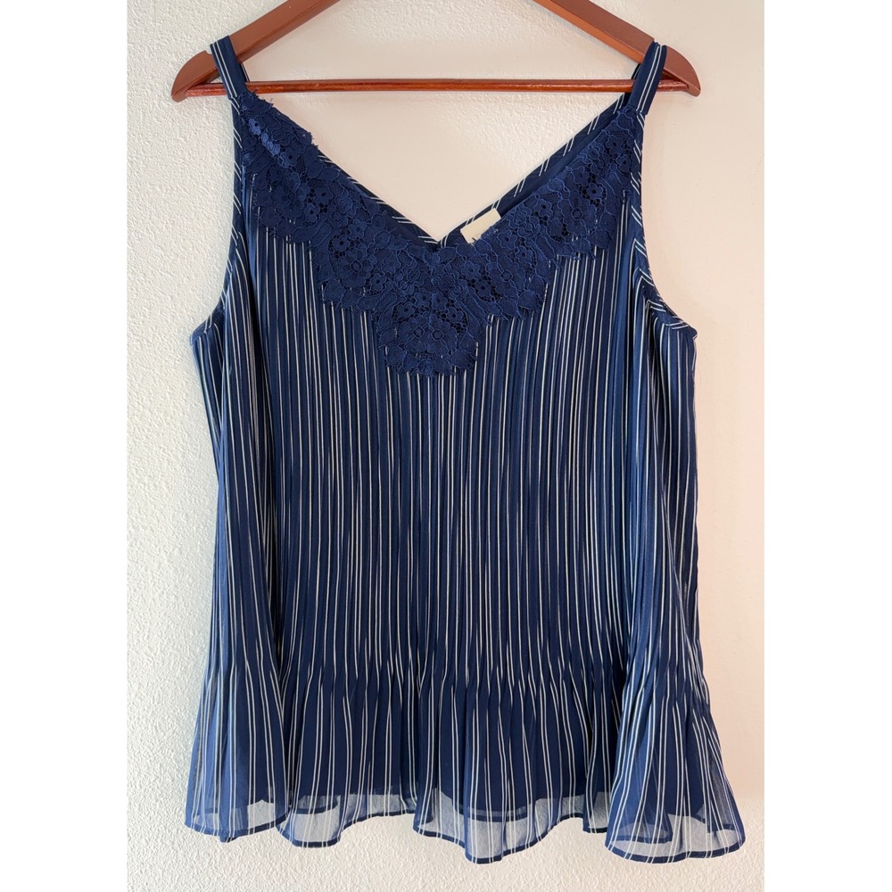 Chico's Convertible Stripe Tank Top Tonga Navy Lace Trim Nautical Prep NWT L
